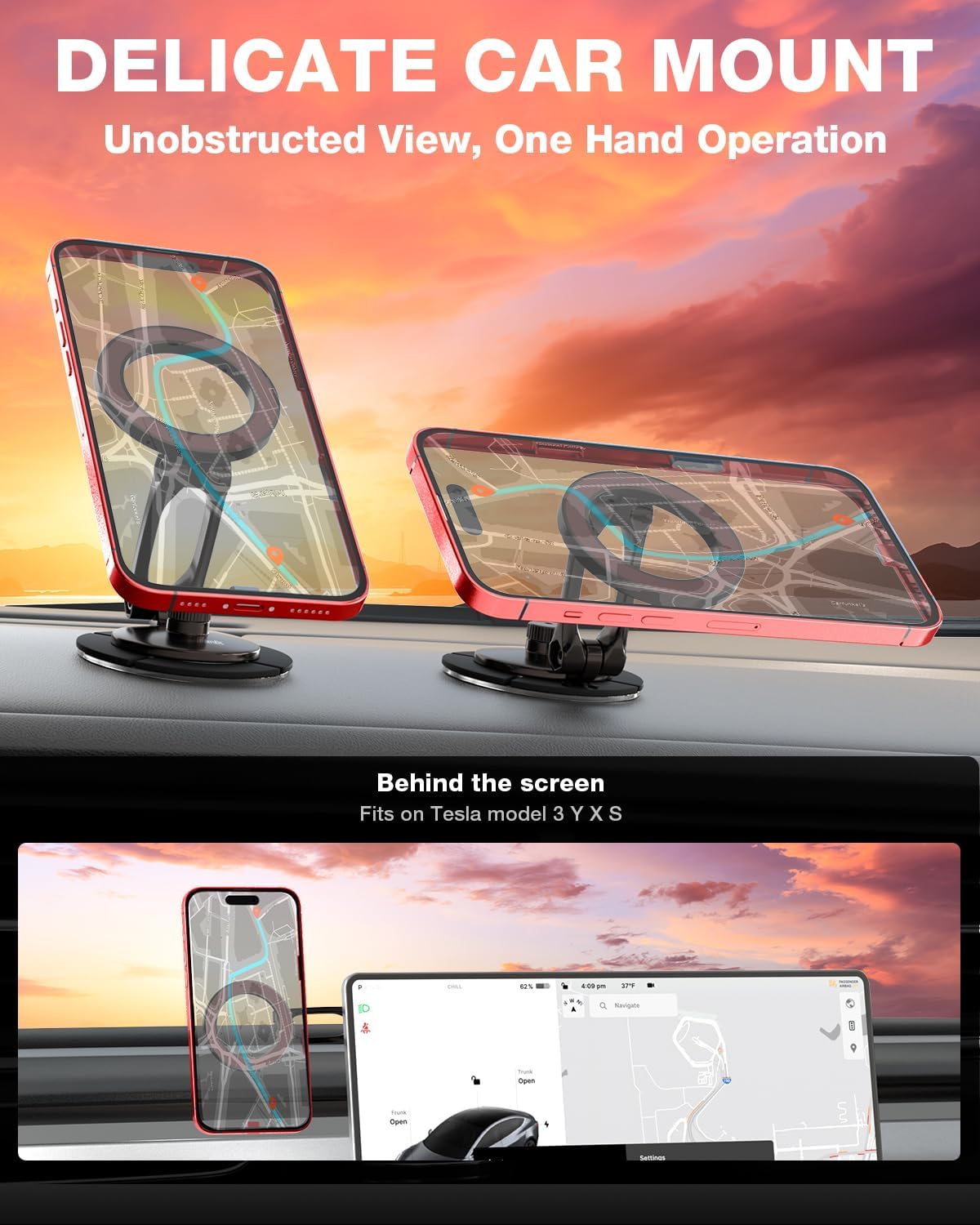 Smolink Tesla Phone Mount, All Metal Strong Magnet Magnetic Phone Holder for Car Dashborad and Tesla Model 3/Y/S/X, Foldable Hidden for MagSafe Car Mount Fit for iPhone All Phones, Red
