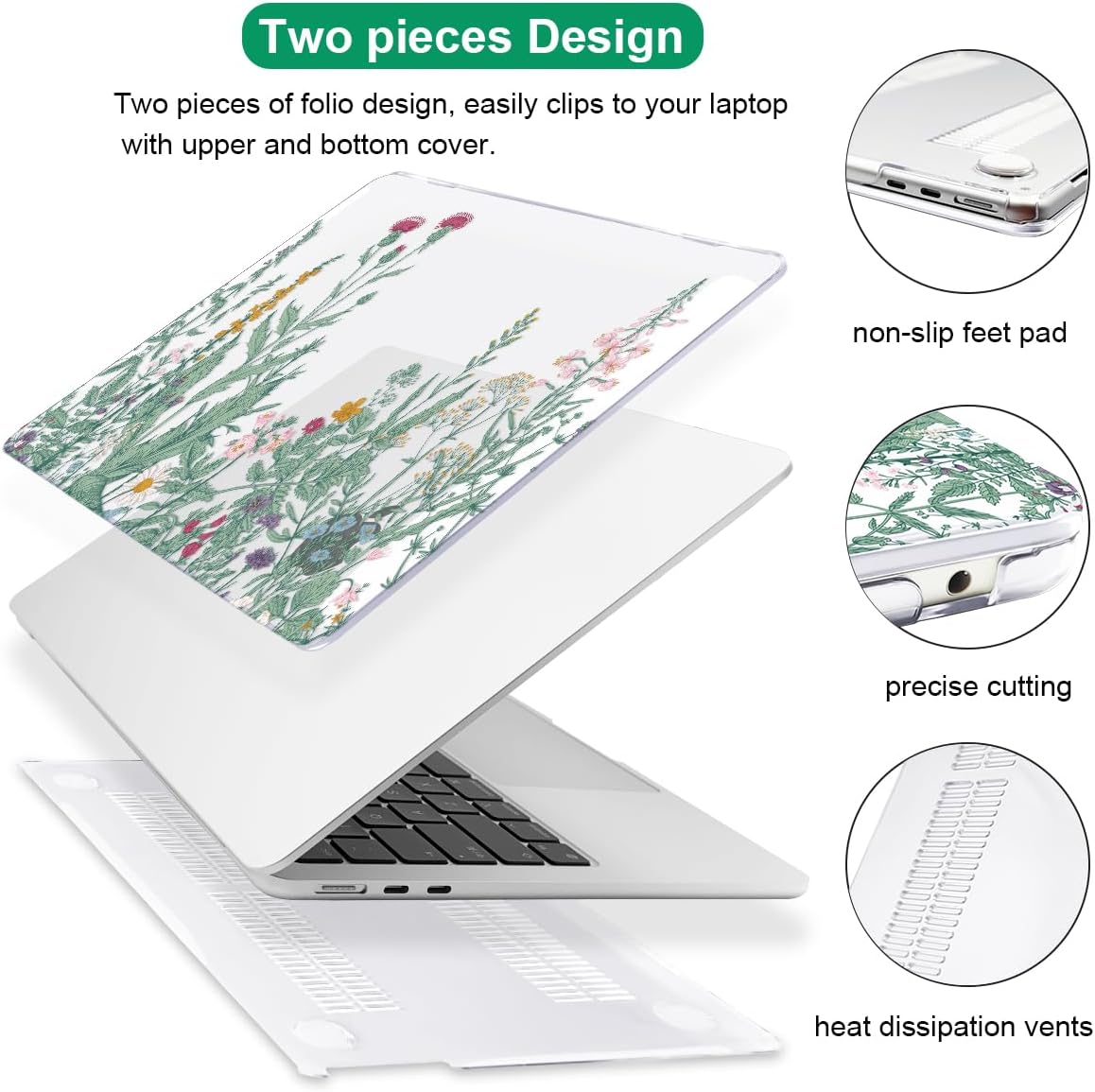 Compatible for MacBook Air 13.6 inch Case M4 M3 M2 2025 2024-2022 Release Model A3240 A3113 A2681, Printed Plastic Protective Hard Shell Cover for MacBook Air M4 13", Green Plants Flowers