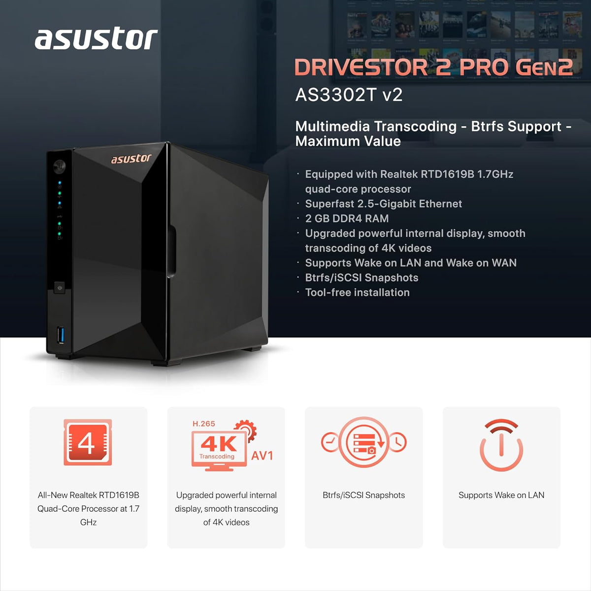 Asustor Drivestor 2 Pro Gen2 AS3302T v2, 2 Bay NAS, 1.7GHz Quad-Core, 2.5GbE Port, 2GB RAM DDR4, Small Home Media Server, Network Attached Storage Device (Diskless)