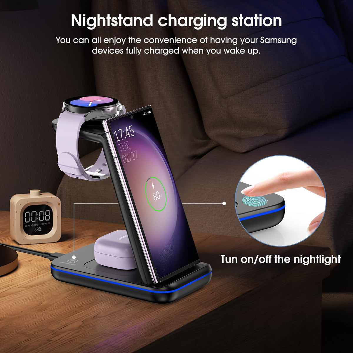 Wireless Charging Station for Samsung/Android, Fast Wireless Watch Charger Station Compatible for Samsung Galaxy S25 Ultra/S24/S23+/Z Flip 7/6 Fold