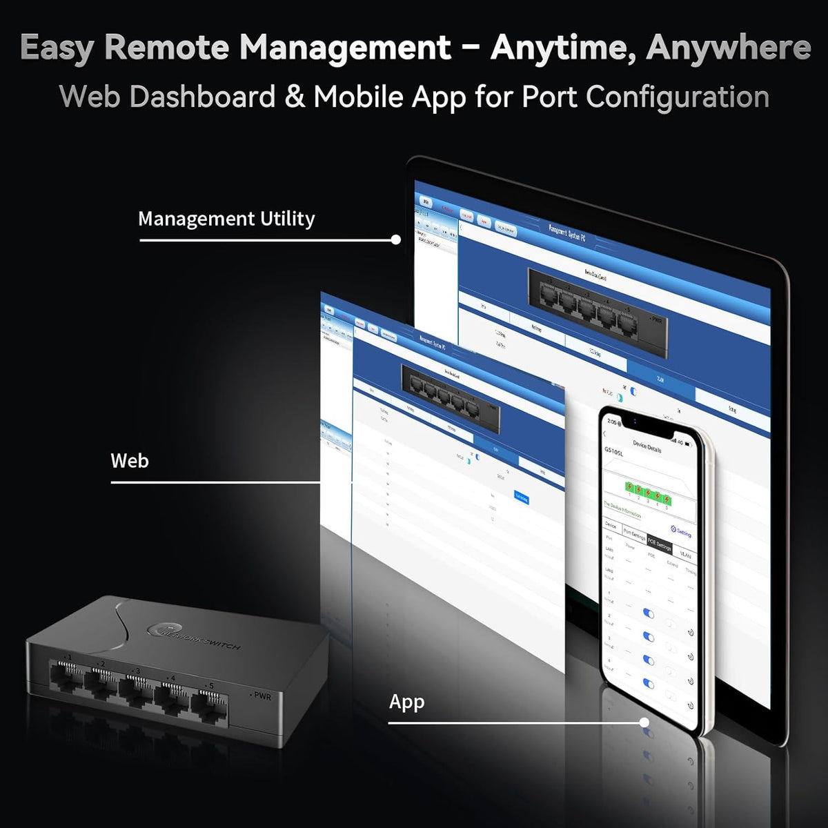 5 Port Easy Smart Managed Ethernet Switch Gigabit Switch, Network Hub, Ethernet Splitter, Plug & Play, VLAN, Qos, Desktop or Wall Mount