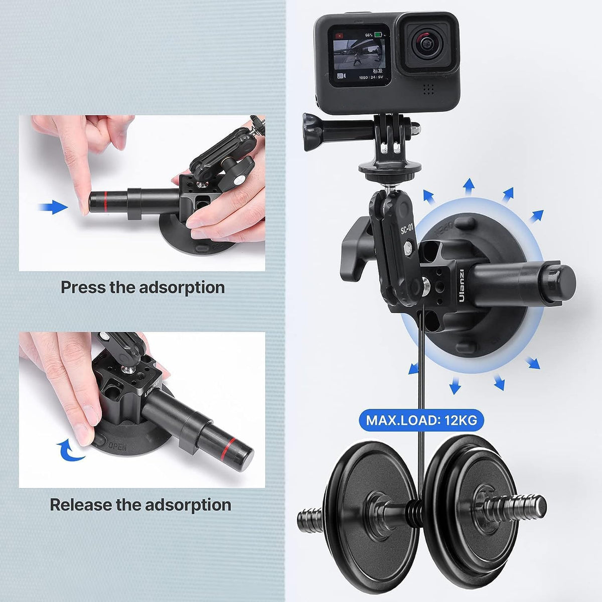 UURig SC-01 Suction Mount 3" for Vlogging Action Camera Car w Smartphone Clamp Compatible with DJI OSMO Pocket 3/OSMO 360/Insta 360 x5/iPhone 16 15 14 13 Pro Max, 1/4" Magic Arm Car Windshield Window