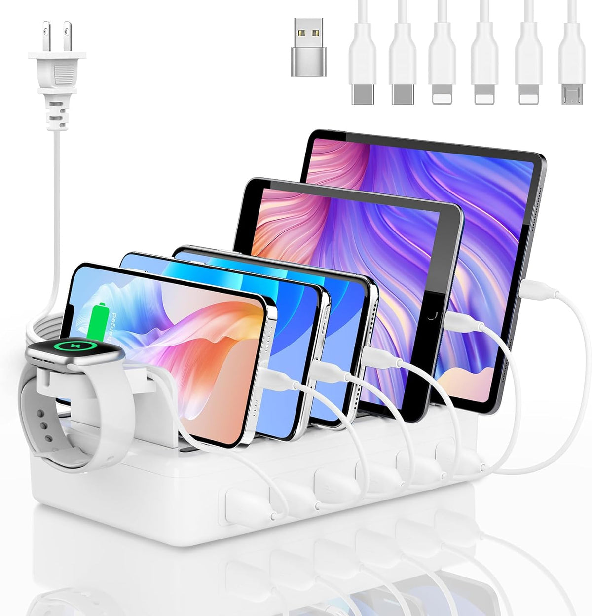 Charging Station for Multiple Devices, 6 Port 50W Fast Multi Charger Station Charging Dock with 6 Mixed Charging Cables for iPhone, iPad, Kindle, Tablet, Cellphone and Others