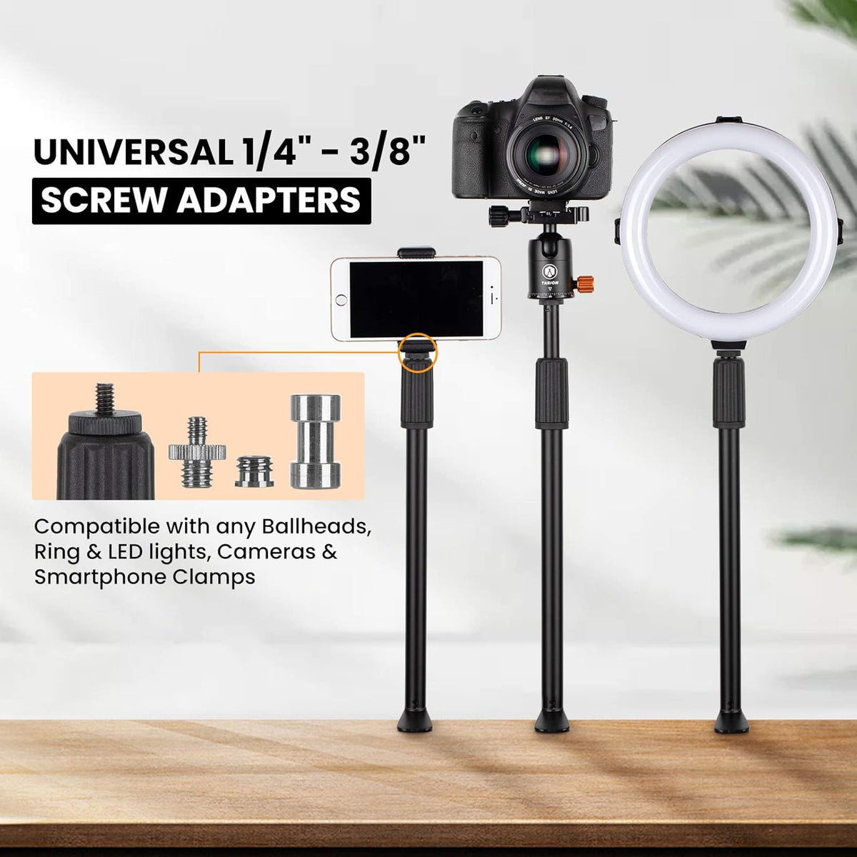TARION Desktop Light Stand with 1/4" 3/8" Screws, Adjustable 14-25in for Ring Light, Photography, Virtual Meetings