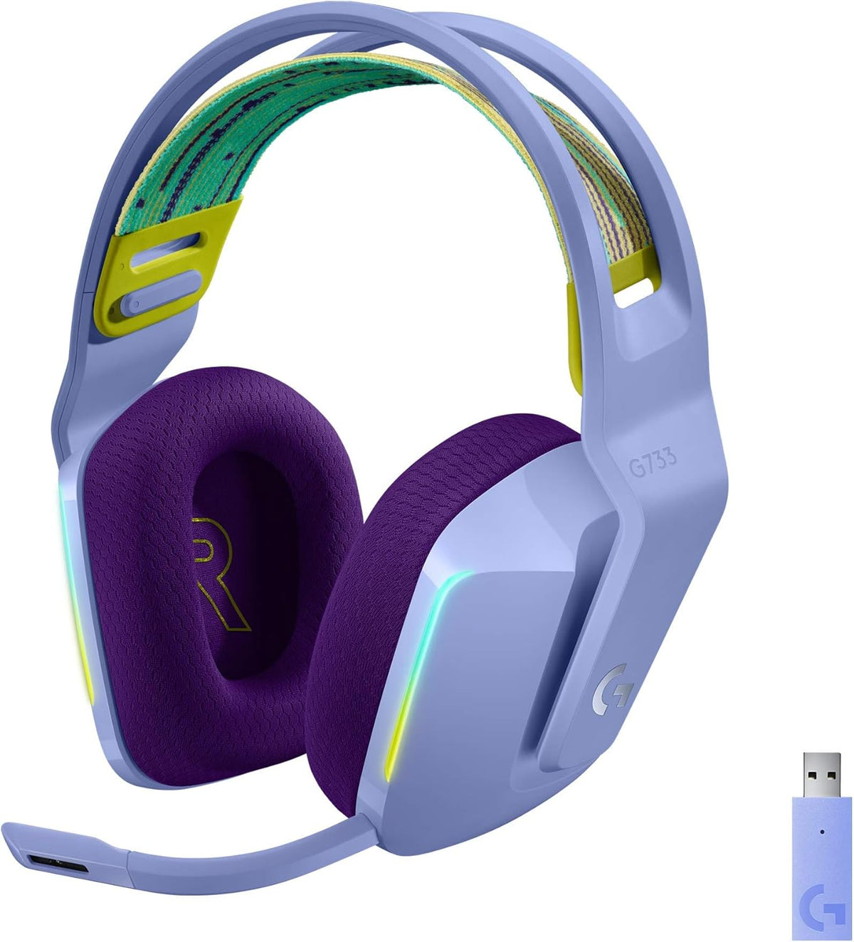 Logitech G733 LIGHTSPEED Wireless Gaming Headset with suspension headband, LIGHTSYNC RGB, Blue VO!CE mic technology and PRO-G audio drivers - Lilac