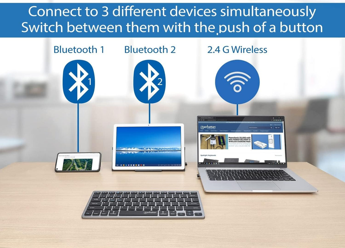 MANHATTAN Small Bluetooth Wireless Keyboard, Dual Modes of 2.4G + Bluetooth 4.2, Connects Up to 3 Devices, Slim Mini