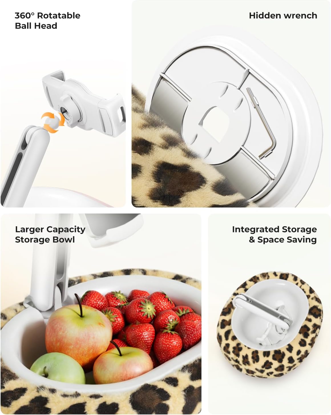Kindle Pillow Stand with Leopard Print – Soft Tablet Holder with Snack Bowl & Cup Holder, Fuzzy Hands-Free Stand for Bed, Couch, Compatible with Kindle, iPad, Phones (Leopard)