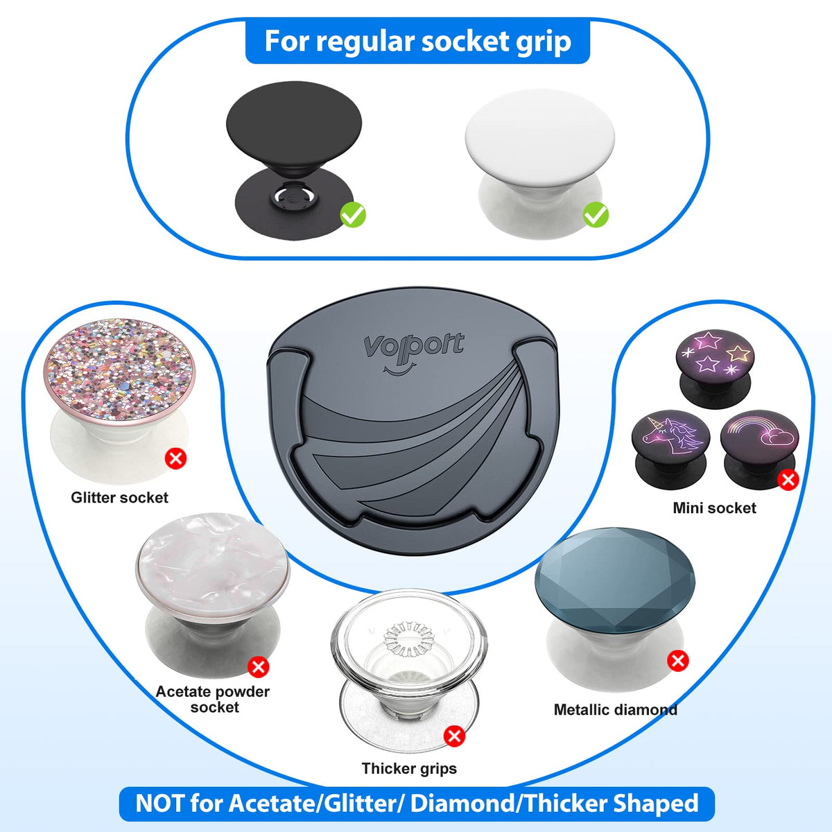 Car Mounts for Socket Grips, 3 Pack Pops Silicone Phone Holder for Collapsible Expanding Stand / Swappable Socket Users with Base Adhesive Replacement