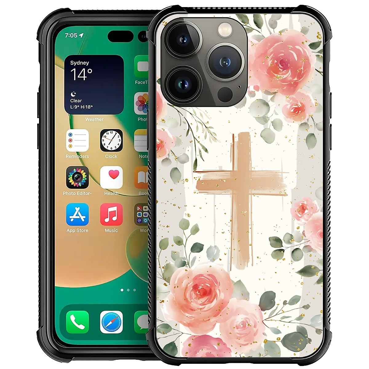 Deaorew For Iphone 14 Pro Max Case | Classic Slim Cover Design | Christian Cross Pink Roses