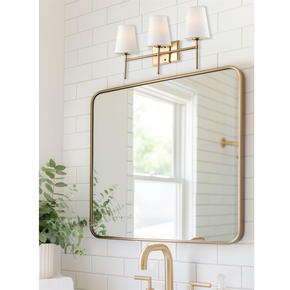 Kira Home Torche 23" 3-Light Modern Gold Bathroom Vanity Light, Gold Wall Sconce with White Fabric Cone Shades, Cool Brass Finish
