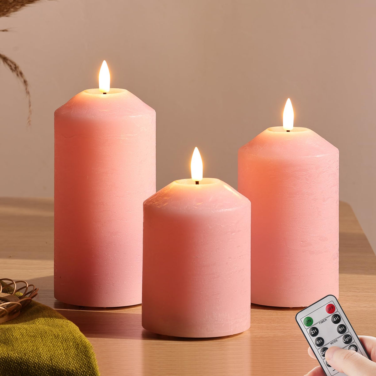 Eywamage Pink Flameless Pillar Candles With Remote, Flickering Led Wax Candlles Battery Powered Set Of 3