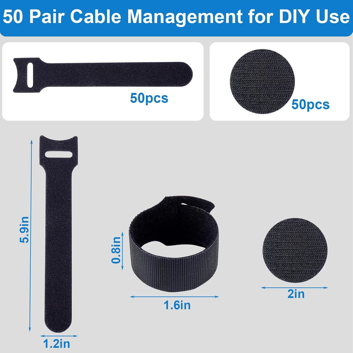 50 XANGNIER Pair Cable Management Under Desk,Adjustable Hook and Loop Cable Ties,Self Adhesive Cord Organizer,Reusable