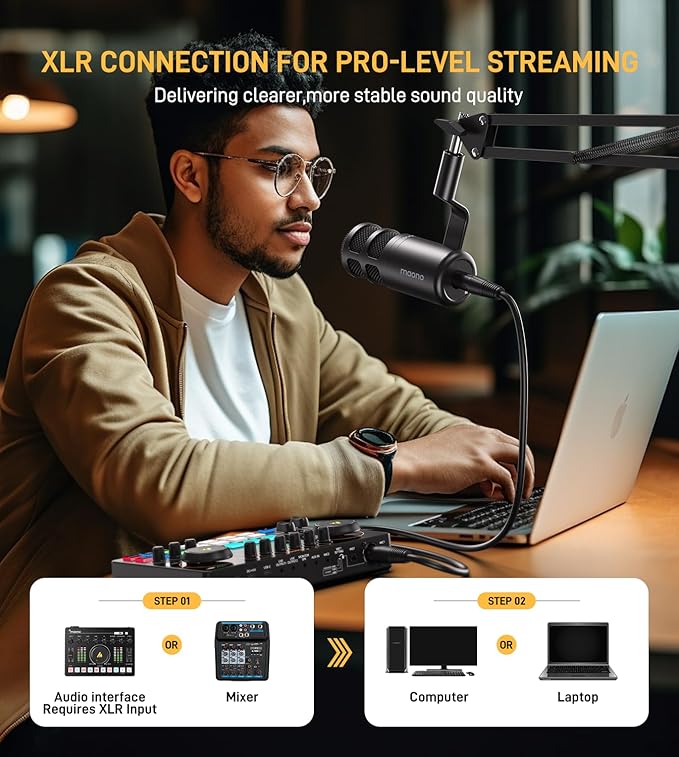 MAONO XLR Podcast Dynamic Microphone Cardioid Studio Mic Works for Audio Interface Audio Mixer for Vocal Recording Streaming Gaming Voice Isolation Technology Metal Mic with Headphones