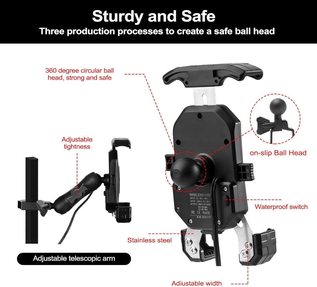 Roykaw Golf Cart Phone Mount Holder - Qi 15W Wireless & Type C 20W Fast Charging for iPhone/Galaxy/Google Pixel