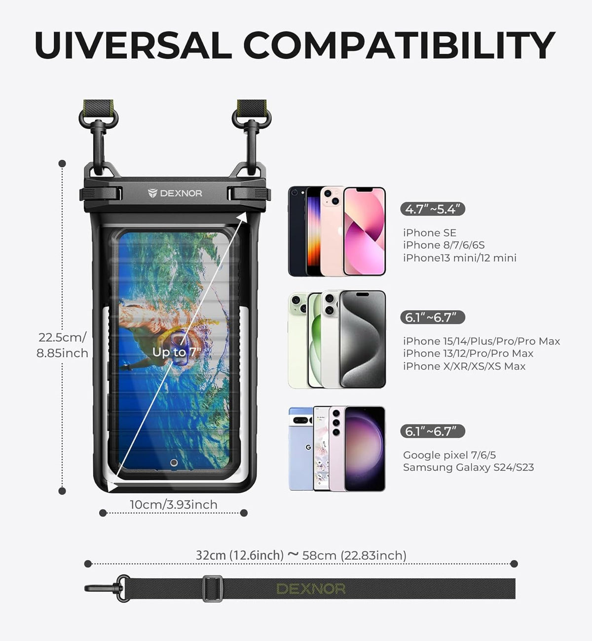 Dexnor IP68 Waterproof Phone Pouch, Universal Cellphone Dry Bag Case for iPhone 15 14 13 Pro Max, Black