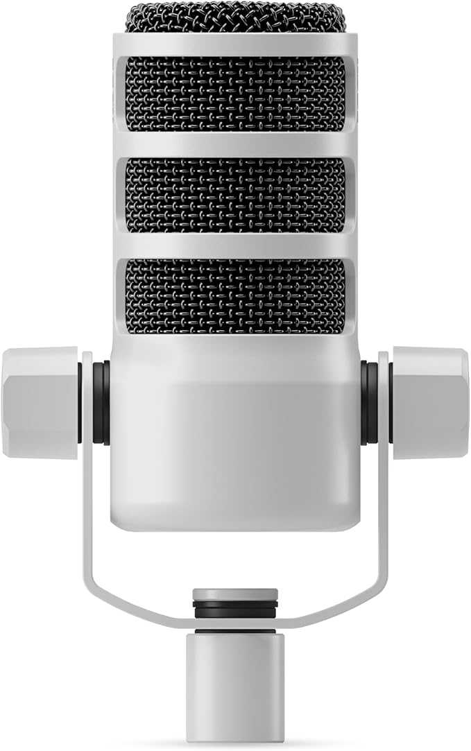 Rode PodMic White (Pair) Cardioid Dynamic Broadcast Microphones with 2X Low Profile Mic Boom Arms and 2X XLR Cables