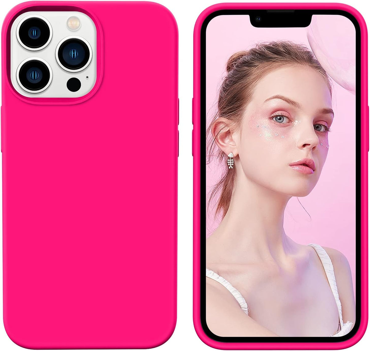 GUAGUA Compatible iPhone 13 Pro Max Case, 6.7 Inch Liquid Silicone Soft Gel Cover, Shockproof, Hot Pink