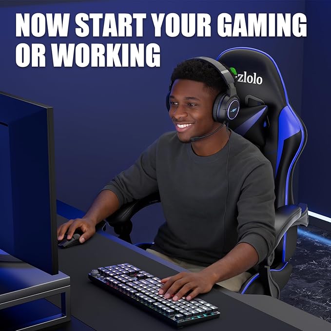 Gaming Chair with Footrest Racing Style Lumbar Support Massager Video Game Chair with Metal Legs High Back Reclining Gamer Chair with Headrest 360° Swivel Office Computer Desk Chair (Blue)