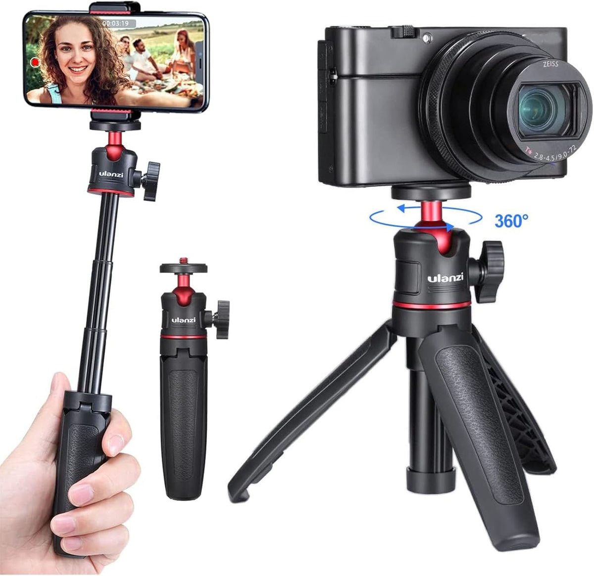 ULANZI MT-08 Extension Pole Tripod, Mini Selfie Stick Tripod Stand Handle Grip for Osmo Pocket3 Webcam iPhone 11 Pro Max Smartphone Canon G7X Mark III Sony ZV-1 RX100 VII A6400 A6600 Cameras Vlogging