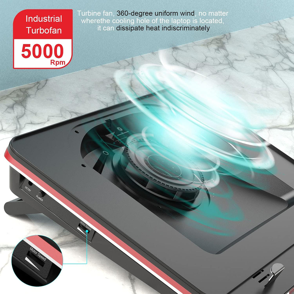 GT500 Powerful Turbo-Fan (5000 RPM) Laptop Cooling Pad with Infinitely Variable Speed,Seal Foam for Rapid Cooling Gaming Laptop,13-17.3inch Laptop Cooler with 3-Port USB Hub