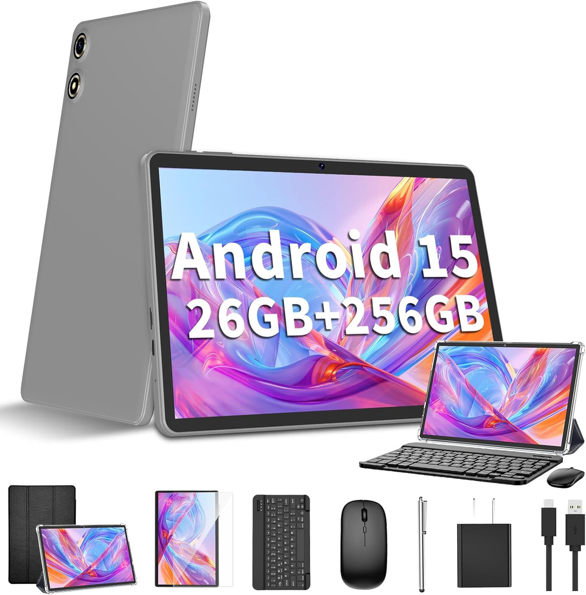 Android 15 Tablet 10 Inch, 26GB RAM+256GB ROM/2TB Expandable Tablet, 2 in 1 Tablets with Keyboard Case Mouse Stylus, 2.0GHz Octa-core CPU, IPS HD Screen, 5G WiFi BT 5.0, 8000mAh Battery (Black)