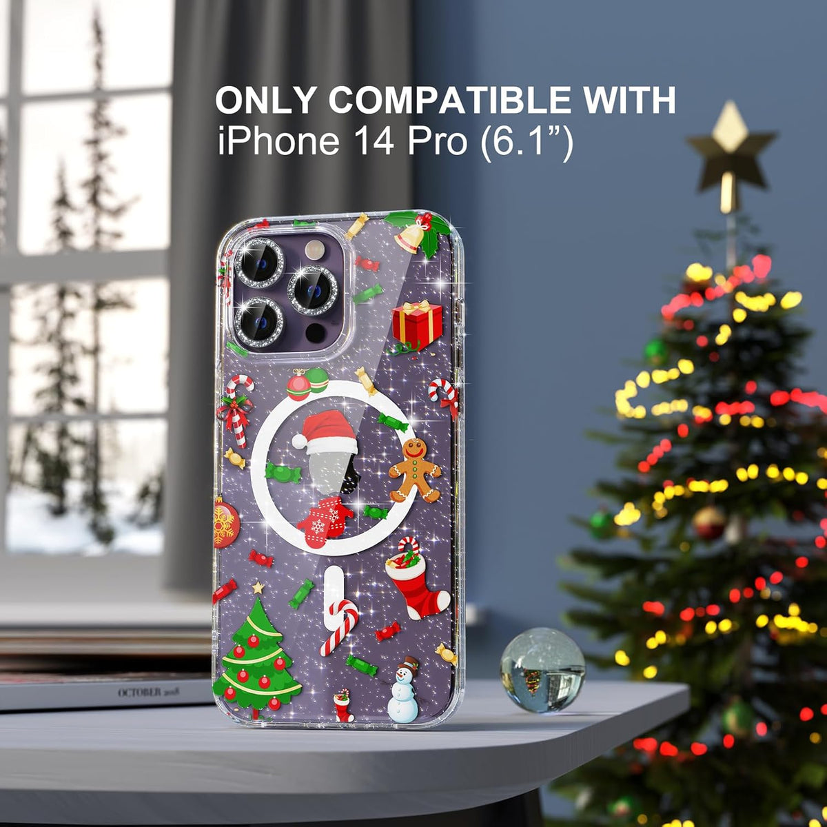 Choiche iPhone 14 Pro Magnetic Case - Glitter Christmas Tree, Clear Bling, with 3x Diamond Lens & 2x Tempered Glass