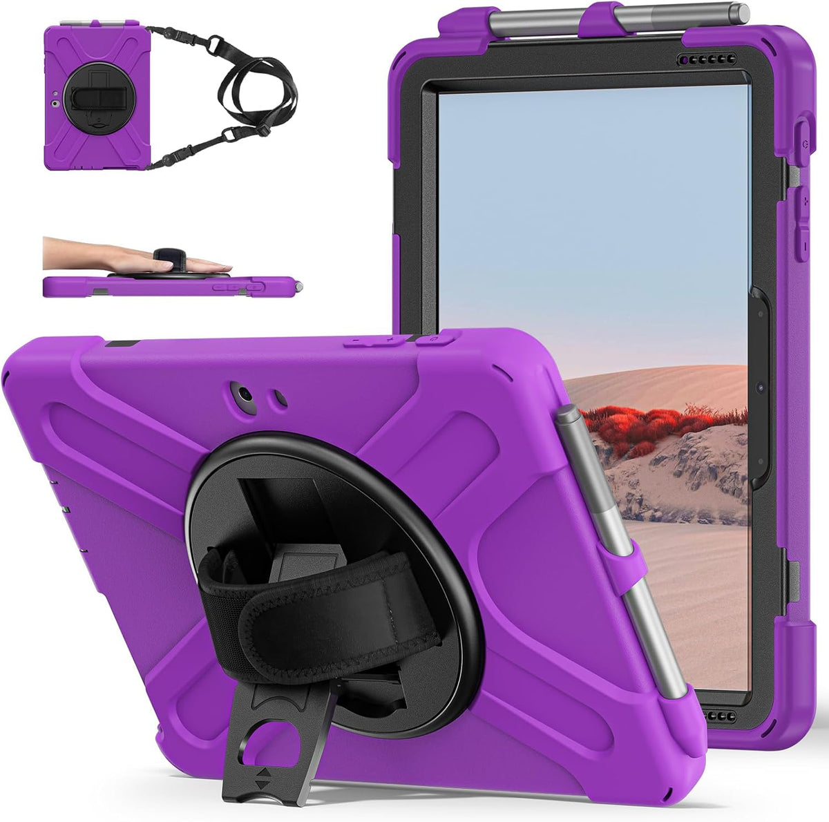 ZenRich Rugged Case for Surface Go 4 (2023)/Surface Go 3 (2021)/ Surface Go 2 (2020), Surface Go (2018) with Pen Holder Heavy Duty Shockproof Case with Stand Hand Strap and Shoulder Belt-Purple
