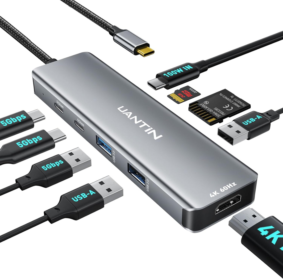 9-in-1 USB C Hub, 4K60Hz HDMI Multiport Adapter with 2 USB-C 5Gbps, 100W PD Charging, 3 USB-A Ports, SD/TF Card Reader, USBC Dock Dongle for MacBook Pro/Air, iPad Pro, Dell, HP, Laptop
