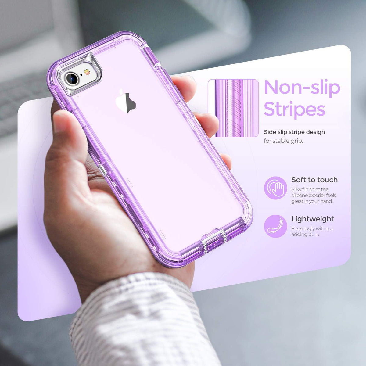 ORIbox iPhone 7/8/SE 2022 Case, Crystal Purple, Heavy Duty Shockproof Clear Case with Camera Protector