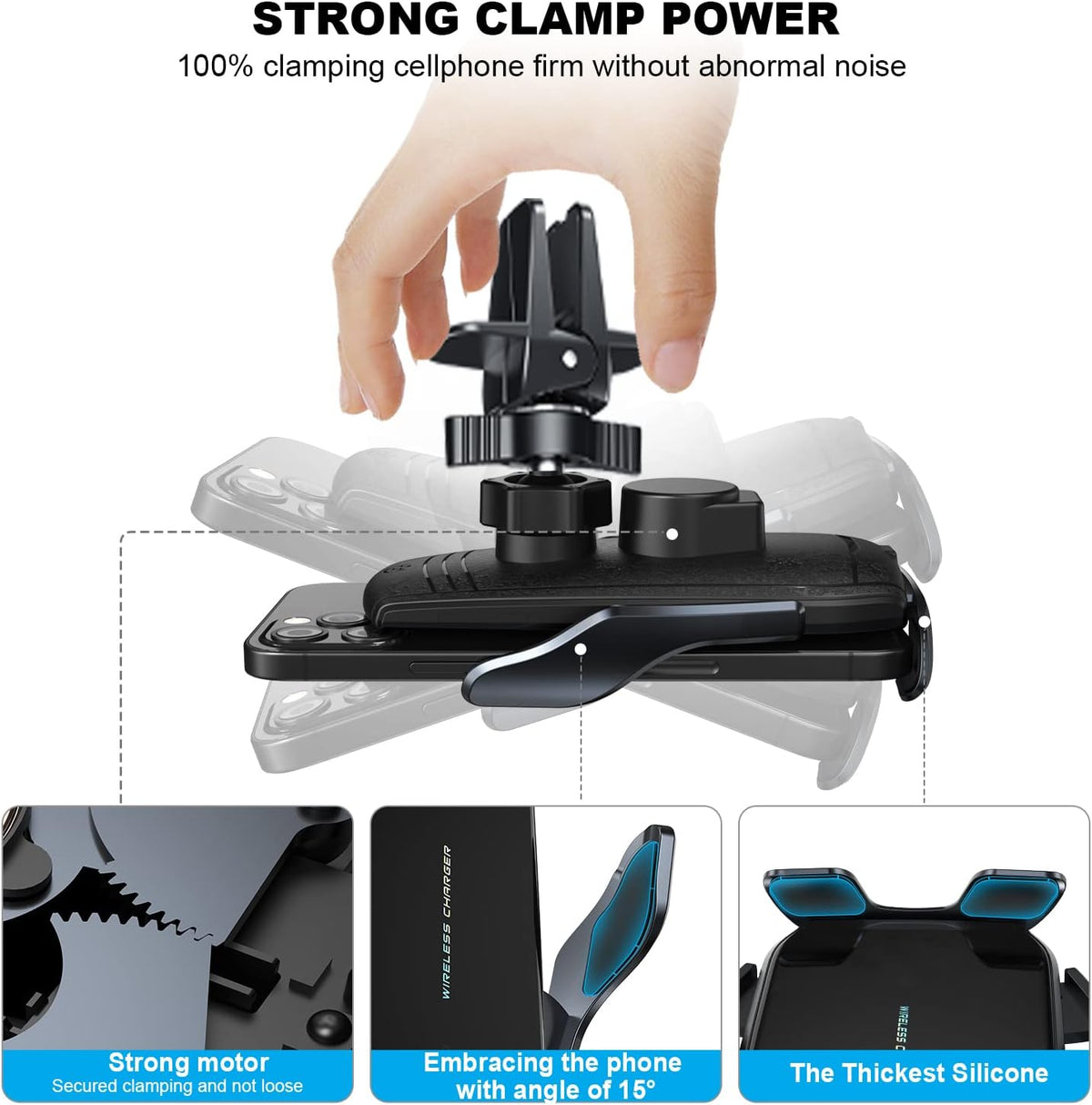 Wireless Car Charger, Qi 15W Fast Charging Automatic Clamping Phone Holder for iPhone 13/12 Pro Max/Samsung Galaxy