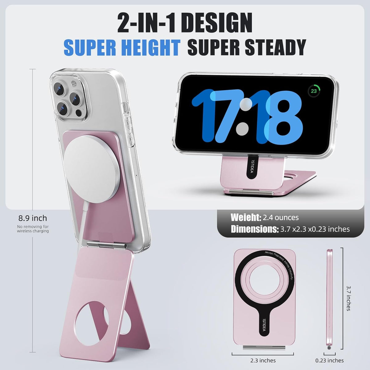 Magnetic Tripod for iPhone, Aluminium Phone Tripod Stand Compatible with Magsafe iPhone 16/15/14/13/12 Series, Foldable Strong Magnetic Phone Stand & Portable Phone Holder, Pink