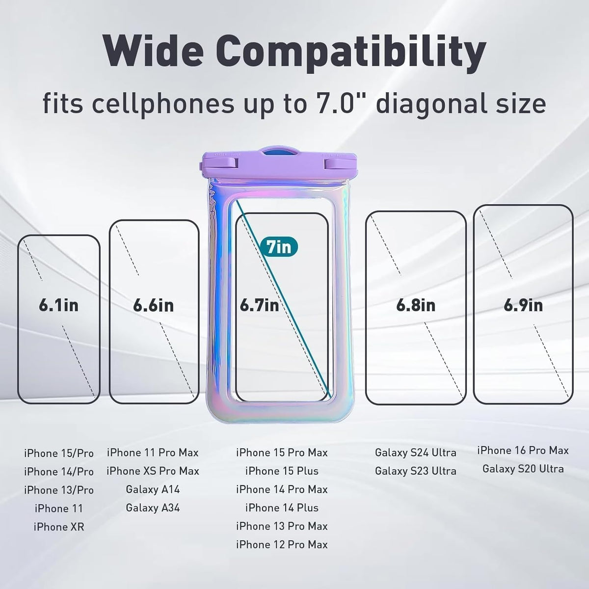 Floatable Waterproof Phone Pouch Case for iPhone 16 Pro Max/15/14/13/12, IP68 Travel Cellphone Dry Bag Beach Cruise Ship Essentials Bags with Crossbody Lanyard, Iridescent Purple-7″