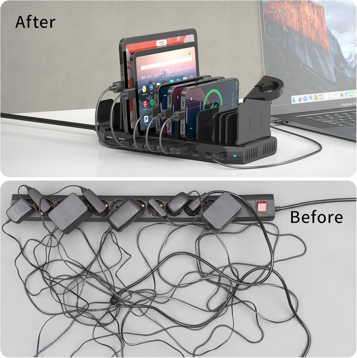 Alxum 140W USB C Charging Station -10 Port Fast Charging Station with QC 3.0 & 4 * USB C PD 60W+45W+30W, Multi Device Charger Organizer Compatible with Laptop, iPad, Tablet, Cell Phone and More