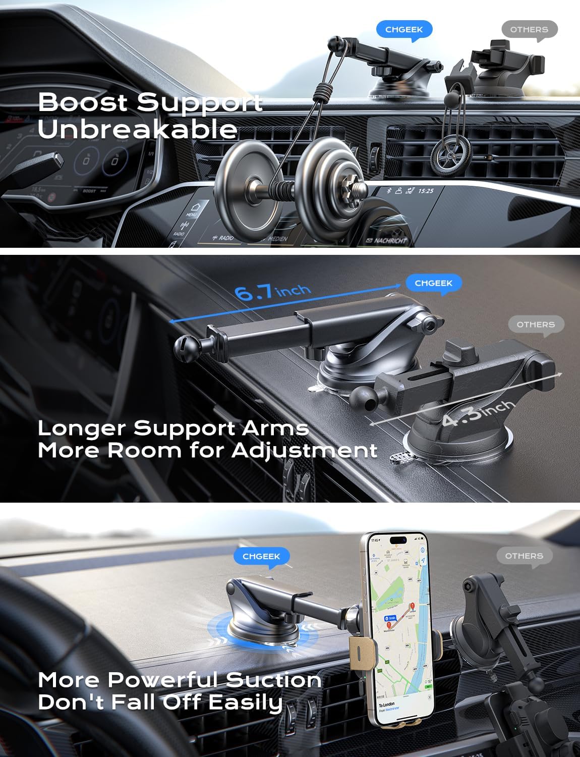 CHGeek Wireless Car Charger, 15W Fast Charging Auto Clamping Car Charger Phone Mount Phone Holder fit for iPhone 15 14 13 12 11 Pro Max Xs, Samsung Galaxy S25 Ultra S24 S23 S22, S21, S20, Golden