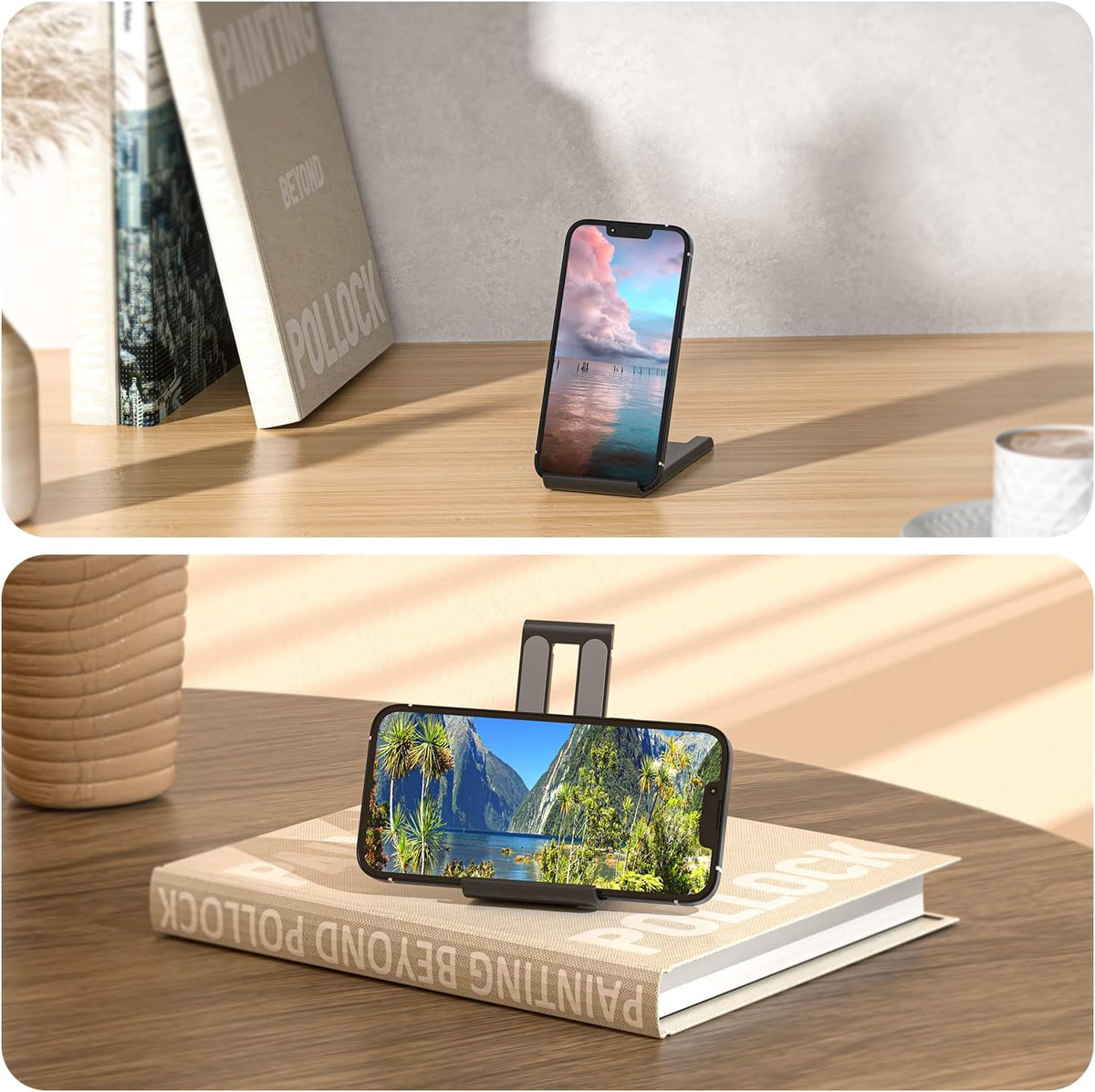 ESSAGER 2 Pack Cell Phone Stand, Adjustable Foldable Mini Mobile Phone Holder for Desk Compatible with iPhone/Kindles/Smartphones (White)