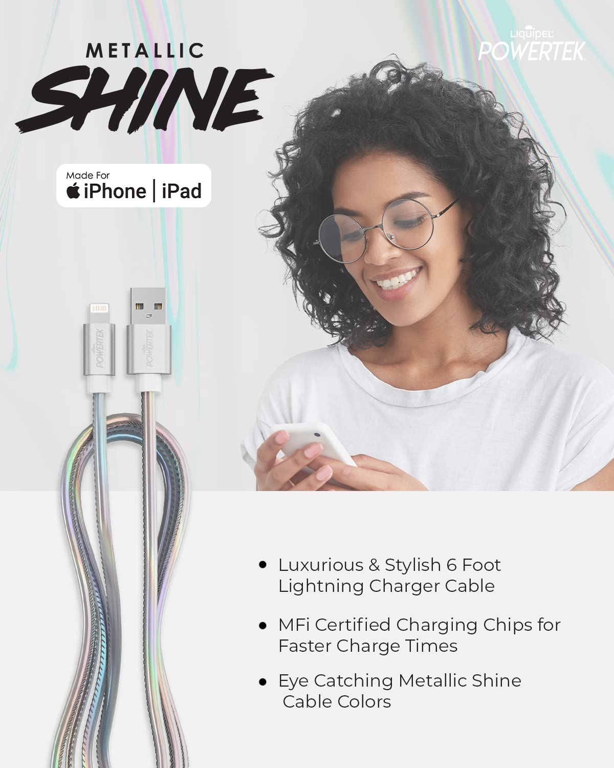 LIQUIPEL Powertek iPhone Charger Cable [MFI Certified], Fast Charging 6ft Lightning to USB Cord Adapter (Silver)