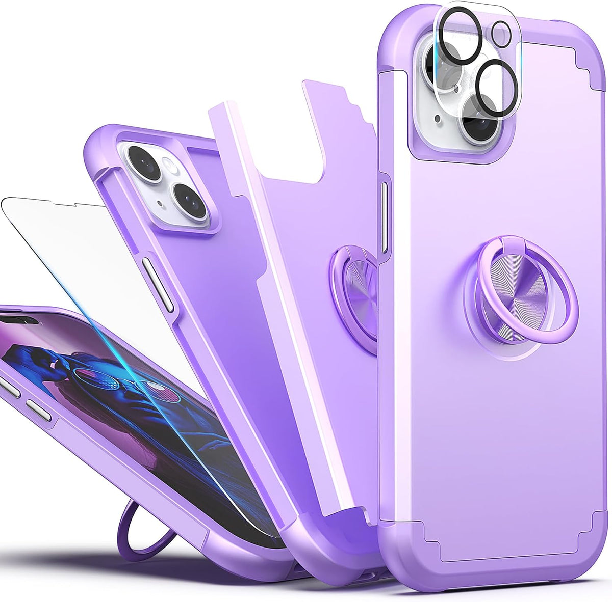 IDweel iPhone 13 Case: Purple 2-in-1 Shockproof Cover with Screen Protector, 360° Ring Holder, & Camera Lens Protector.