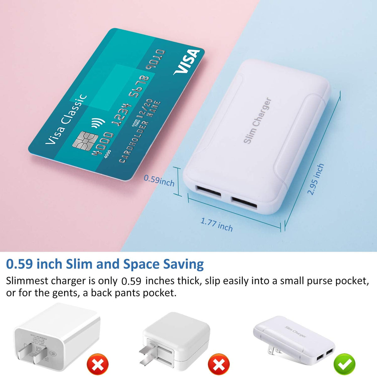 Slim Wall Charger, 2 Pack 3A/5V Dual Port USB-A Wall Charger with Foldable Plug, Flat Double USB Wall Plug Portable Fast Charging Block for iPhone