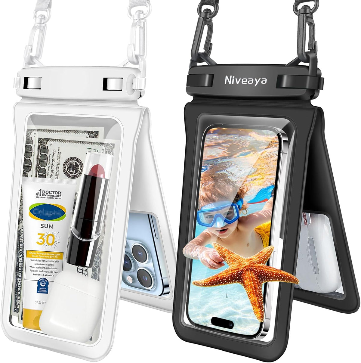 Niveaya Double Space Waterproof Phone Pouch - 2 Pack, Waterproof Phone Lanyard Case with iPhone 16/15/14/13/12 Pro Max up to 8.3", Phone Dry Bags for Vacation Beach Pool Kayak Cruise Travel Essentials