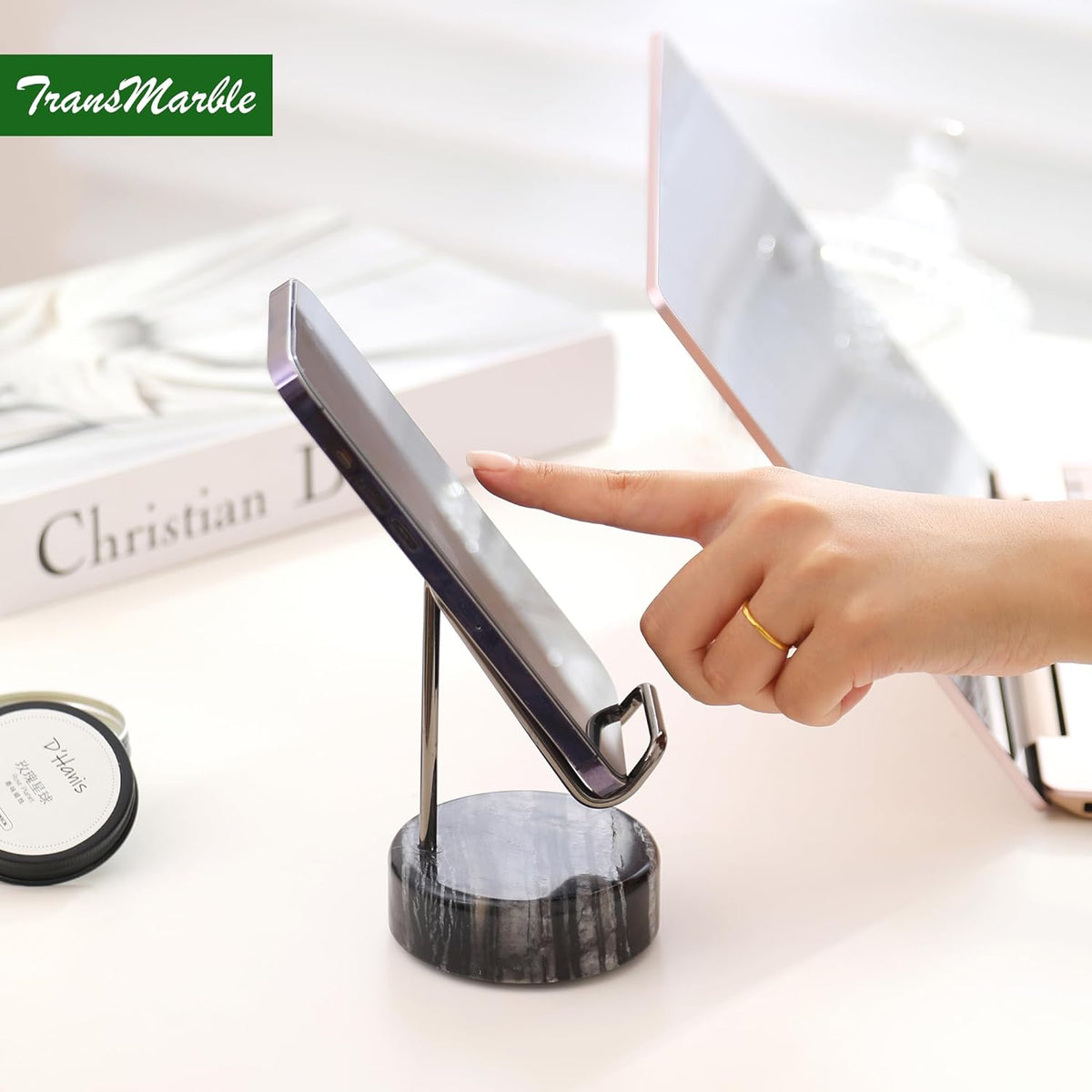 Marble Phone Stand with Metal Holder, Charging Available While Using, Swipe Up to Unlock, Made of Natural Marble as Business Card Holder for Office Desk (Wooden Black + Black)