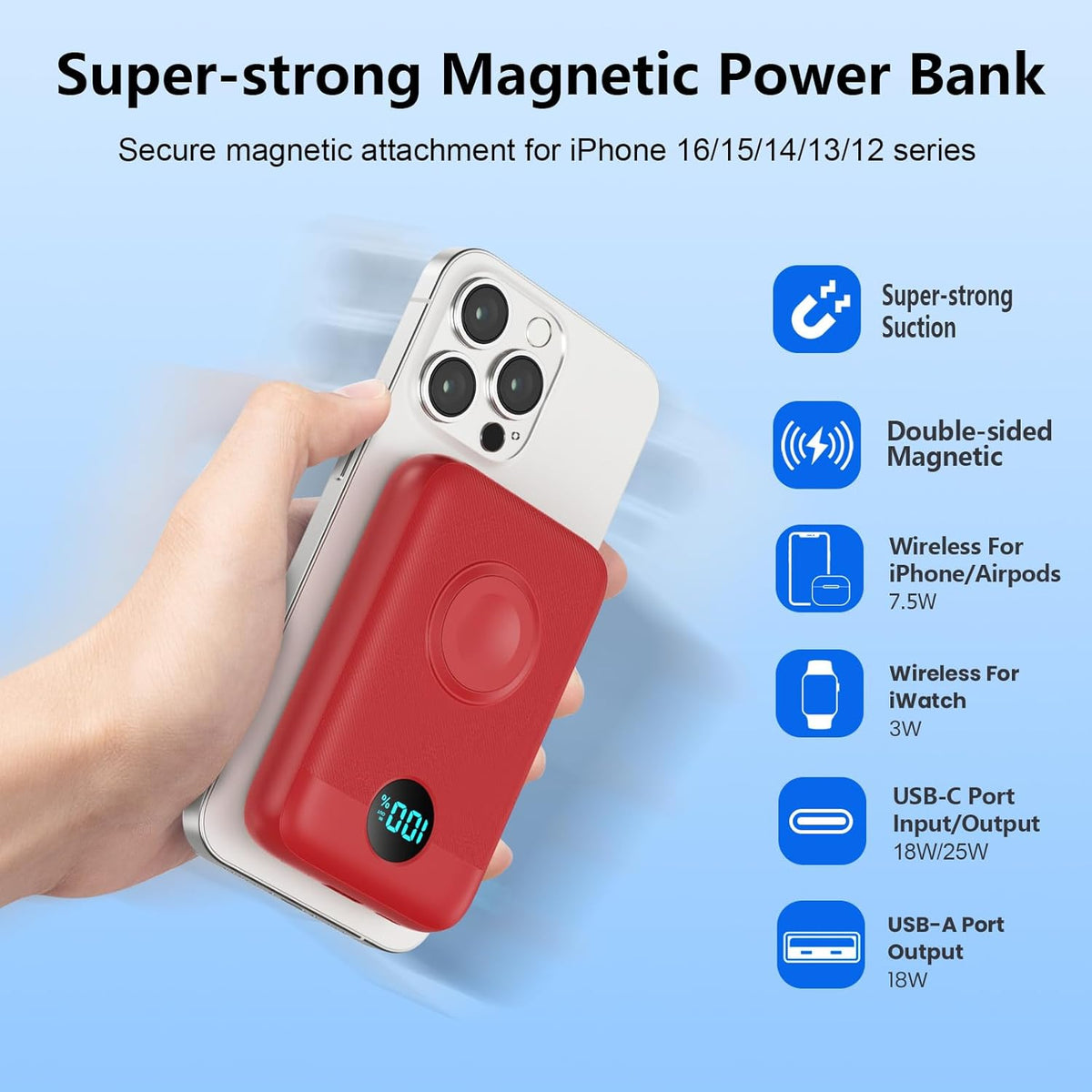 Magnetic Portable Charger for iPhone, 10800mAh 4-in-1 Wireless Power Bank with iWatch Charger, 25W PD Fast Charging Battery Pack for Magsafe, iPhone 16/15/14/13/12 Series, Apple Watch (Red)