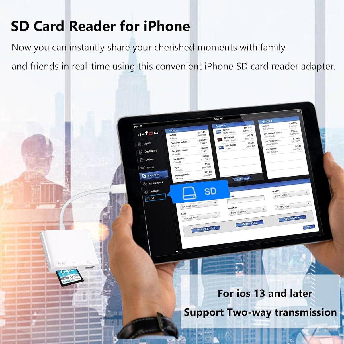 SD Card Reader for iPhone, Lightning to 4 in 1 USB Camera Adapter, Compatible with iPad with Charging Port