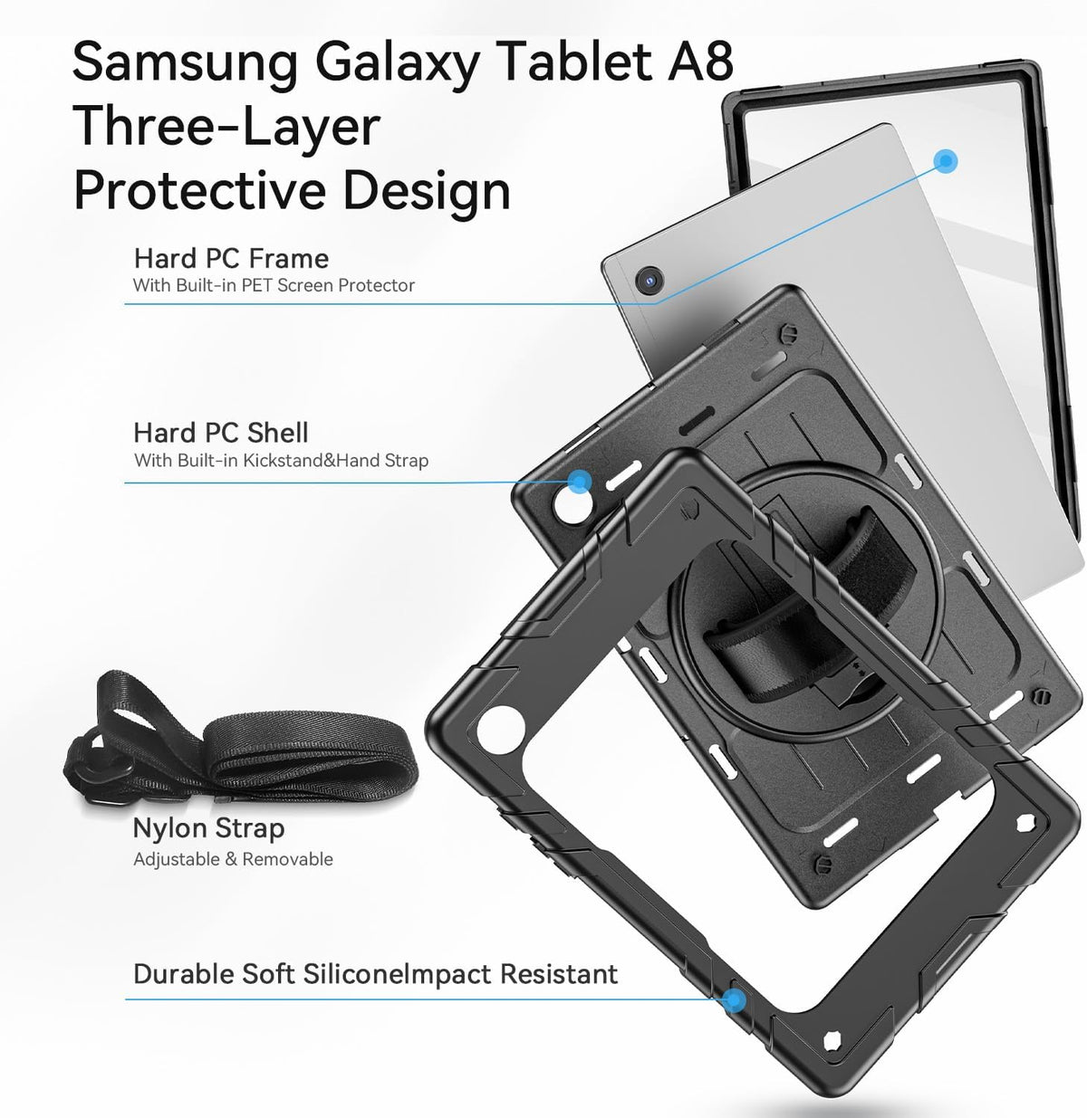 for Samsung Galaxy Tablet A8 Case 10.5 inch 2022 SM-X200/X205/X207 with Screen Protector [360 Rotating Stand] &Hand Shoulder Strap Shockproof Rugged Protective Cover|Black