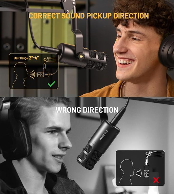 MAONO XLR Podcast Dynamic Microphone Cardioid Studio Mic Works for Audio Interface Audio Mixer for Vocal Recording Streaming Gaming Voice Isolation Technology Metal Mic with Headphones