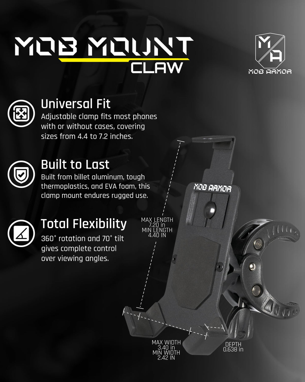 Mob Armor Mob Mount Claw with 360° Rotation - Universal Phone Mounting Clamp for Motorcycle, Jeep, Dirt Bike, Car, ATV, Boat, Truck, Emergency Vehicle