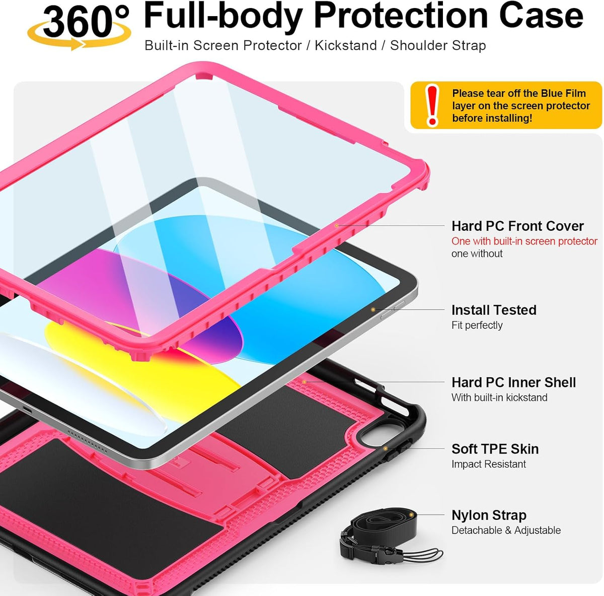 SEYMAC stock Case for iPad (A16) 11th/10th Generation 11''/10.9'' 2025/2022, with Built-in Screen Protector, Shoulder Strap, Built-in Kickstand, Rugged Full Body Shockproof Protective Case, Pink