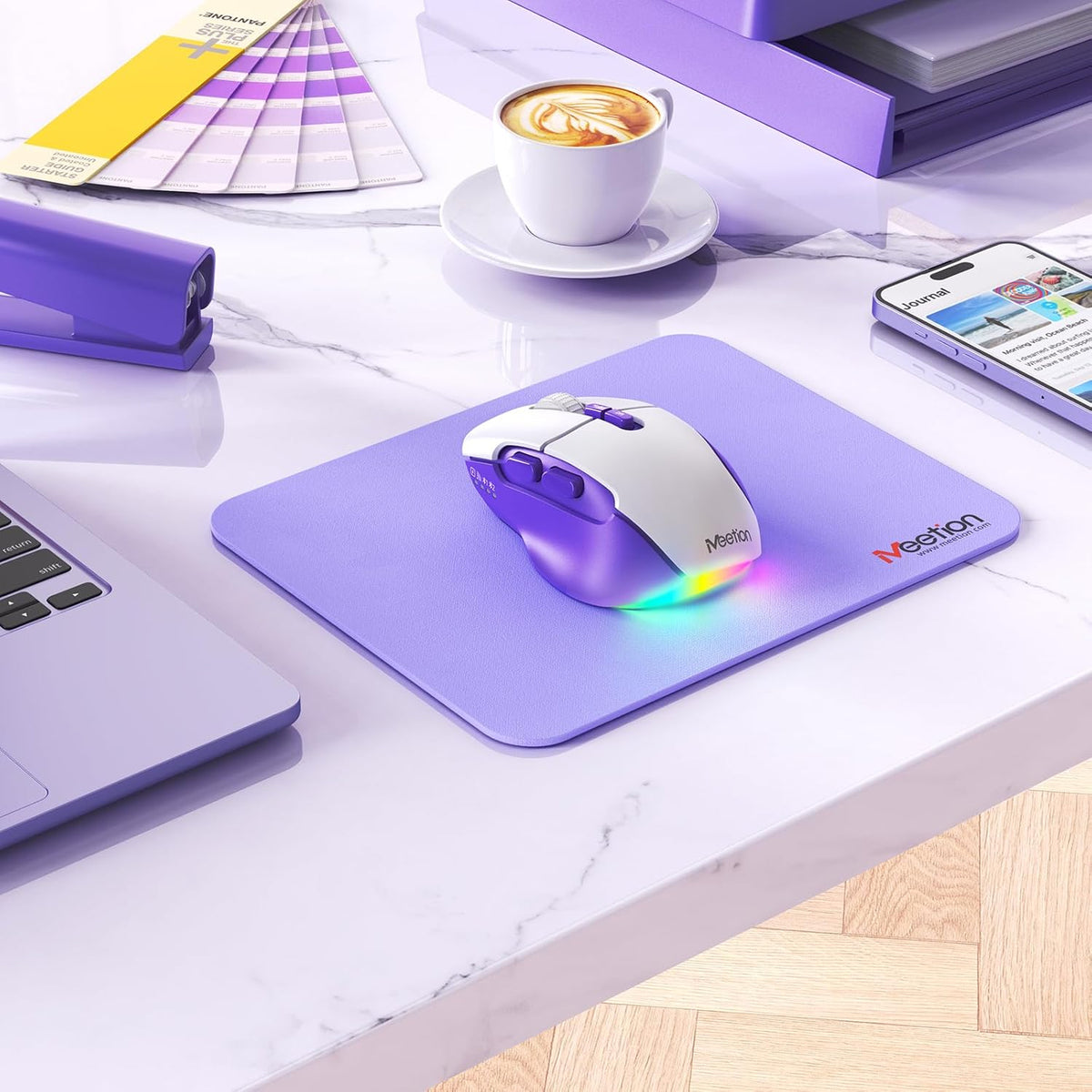 MEETION Wireless Mouse for Laptop, Ergonomic Rechargeable Mouse with USB and Bluetooth, 4 Adjustable DPI, Purple White