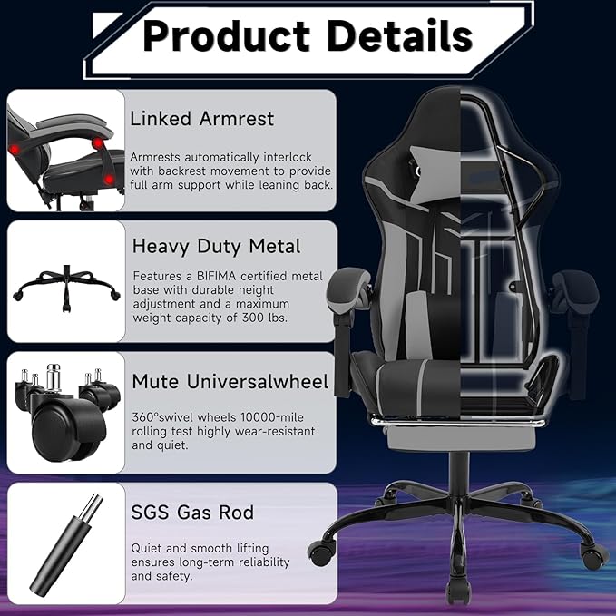 Black 360° Swivel Gaming Chair Ergonomic Heavy Duty 330lbs Office Chair with Footrest and Massage Lumbar Support Height Adjustable High Back Reclining Gamer Chair with Headrest (Black)