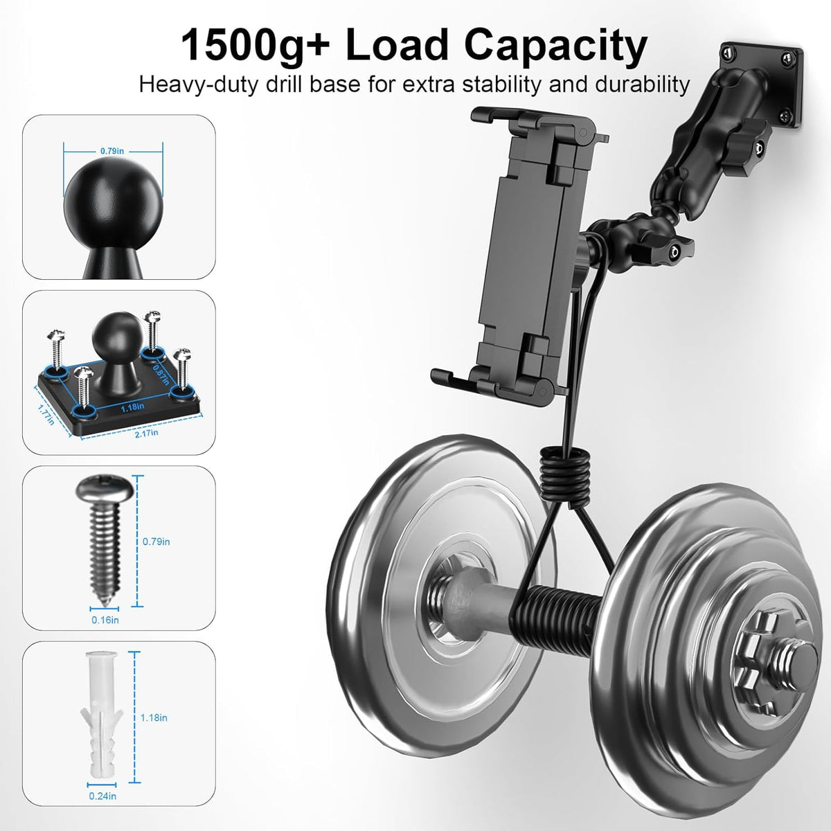 PLDHPRO Tablet Mount for Truck, Heavy Duty Drill Base Tablet Holder for Car Dashboard, Adjustable 2-Stage Stand Compatible with iPad, Galaxy Tab/Z Fold, 5.1-15.6'' Phone Tab for Wall, Vehicle, Boat