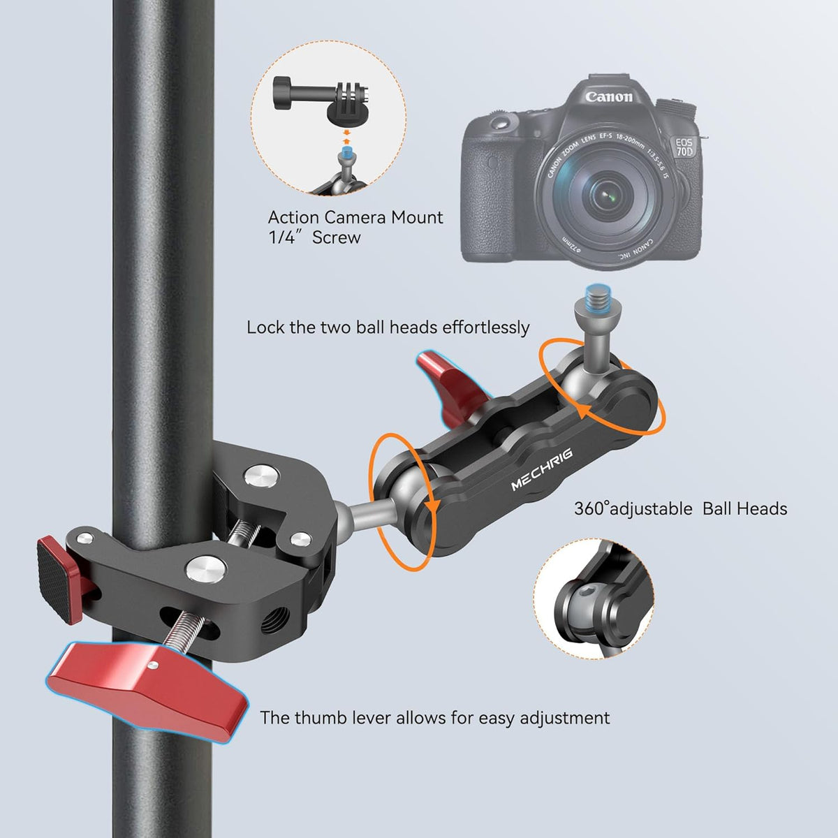 Camera Clamp Mount & 360°Ball Head Magic Arm with Adapter for Go pro, Aluminum Double Ball Head Adapters, Heavy Duty Super Clamp with 1/4"-20 & 3/8"-16 Thread -SJ008